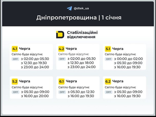 Графік відключення світла на Дніпропетровщині 1 січня / © ДТЕК