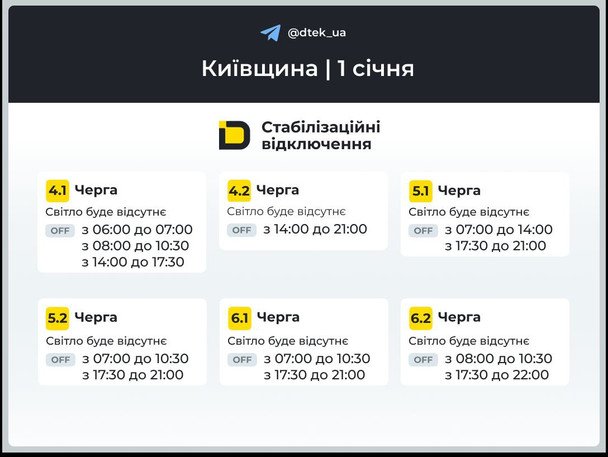 Графік відключення світла на Київщині 1 січня / © ДТЕК