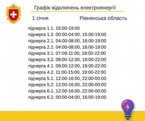 Графік відключення світла на Рівненщині 1 січня