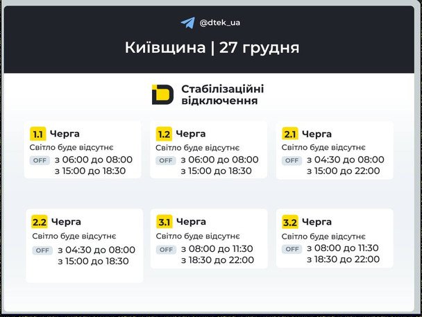 Графік відключення світла на Київщині 27 грудня / © ДТЕК