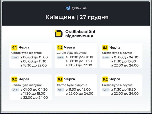 Графік відключення світла на Київщині 27 грудня / © ДТЕК