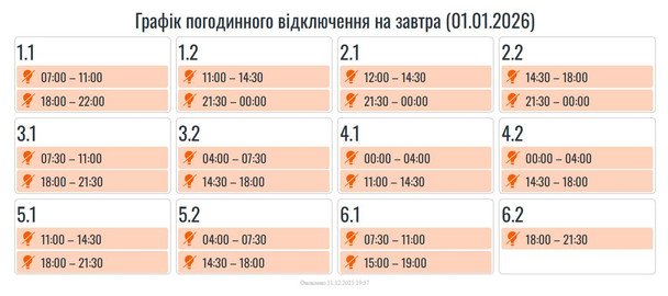 Графік відключення світла на Прикарпатті 1 січня