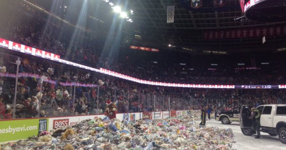 Teddy Bear Toss 2015 зібрав 28,815 тисяч плюшевих ведмедиків. / © twitter.com/WHLHitmen