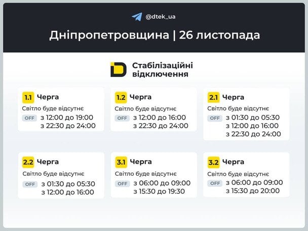 Графік відключення світла на Дніпропетровщині 26 листопада / © ДТЕК