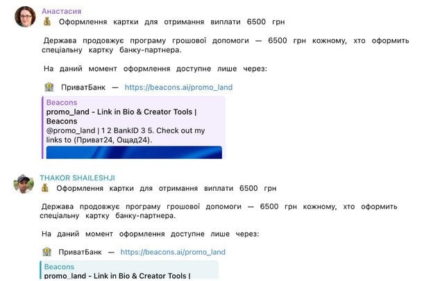 Шахрайські повідомлення щодо виплат допомоги 6500 грн / © Телеграм-канал Данила Гетманцева