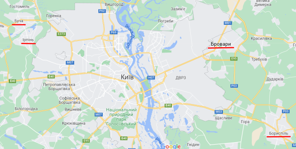 Ирпень, Буча, Бровары и Борисполь на карте