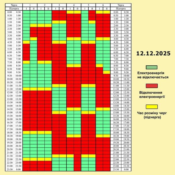 Графік відключення світла на Чернігівщині 12 грудня