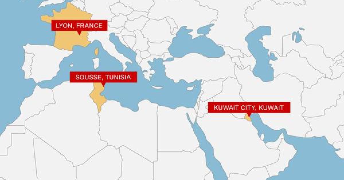 Карта терактів у Кувейті, Франції та Тунісі
