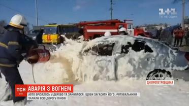 На Дніпропетровщині авто врізалось у дерево та зайнялося, водій у лікарні