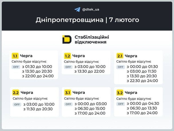 Графік відключення світла на Дніпропетровщині 7 лютого / © ДТЕК