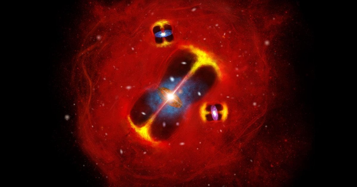 Художнє зображення скупчення галактик, що формується в ранньому Всесвіті.