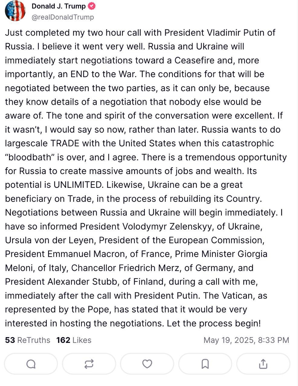 Заява Дональда Трампа щодо переговорів з Путіним.  / © Фото з відкритих джерел