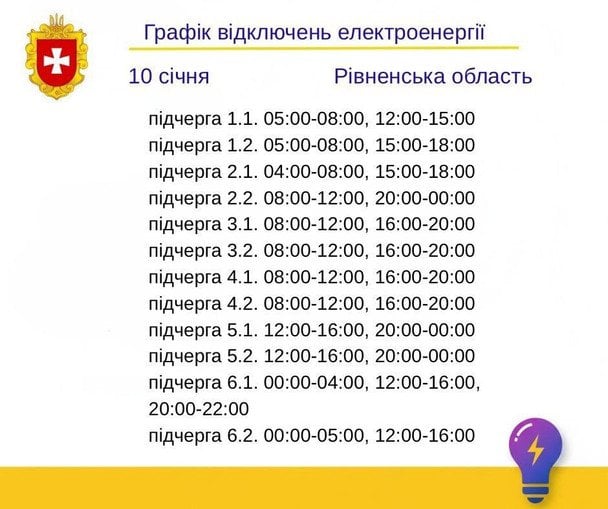 Графік відключення світла на Рівненщині 10 січня