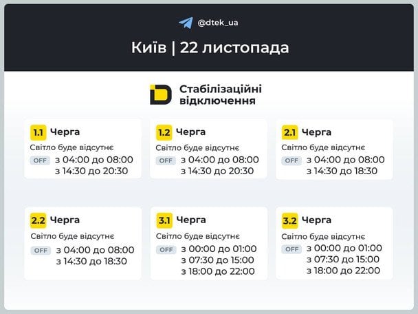 График отключения света в Киеве 22 ноября / © ДТЕК