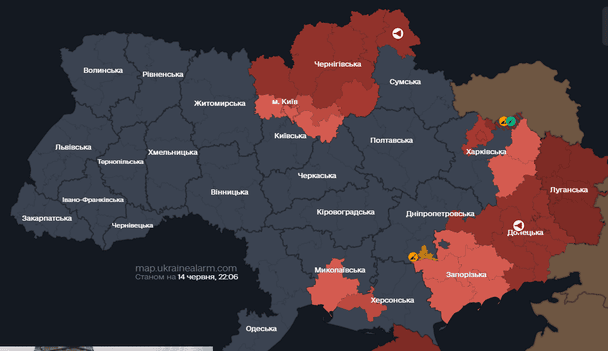 Мапа тривог станом на 22:00 неділю, 14 червня.