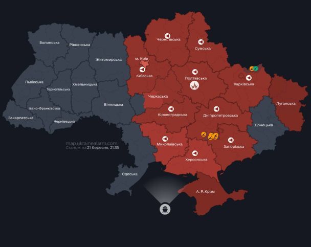 Мапа повітряних тривог станом на 21 березня. / © Deepstatemap