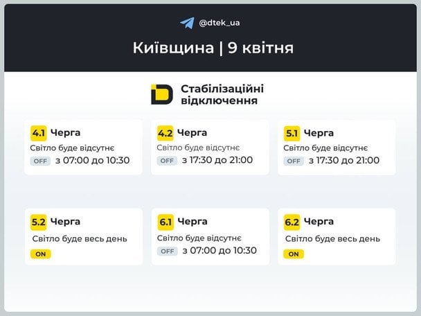 Графік відключення світла в Київській області / © ДТЕК