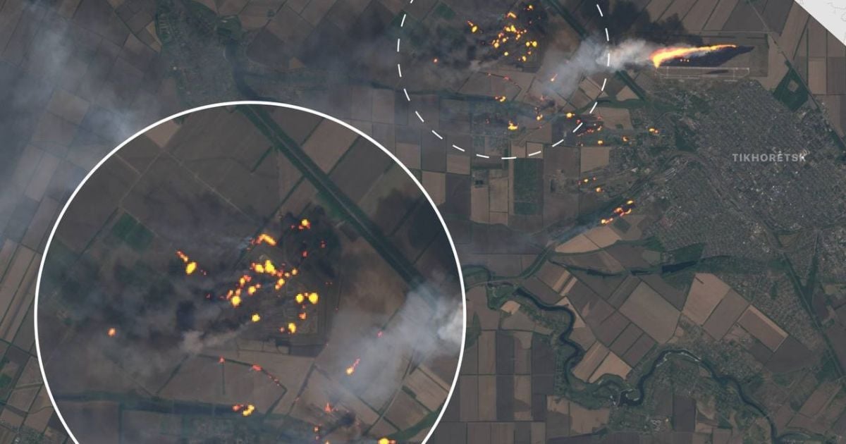 Пожары на месте попадания дронов в российские склады возле Тихорецка