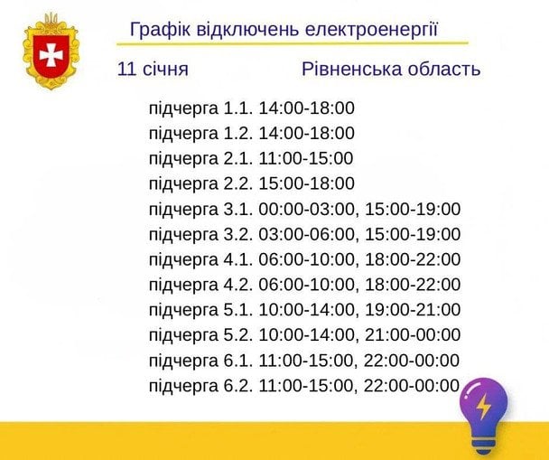 Графік відключення світла на Рівненщині 11 січня