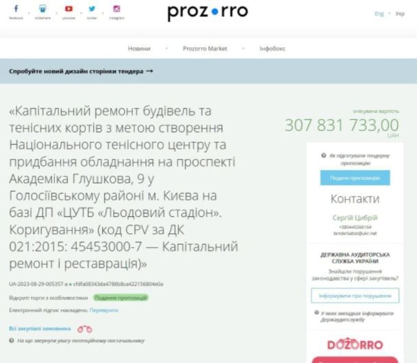Тендер від Міністерства спорту на ремонт будівель і тенісних кортів у Києві / Скриншот