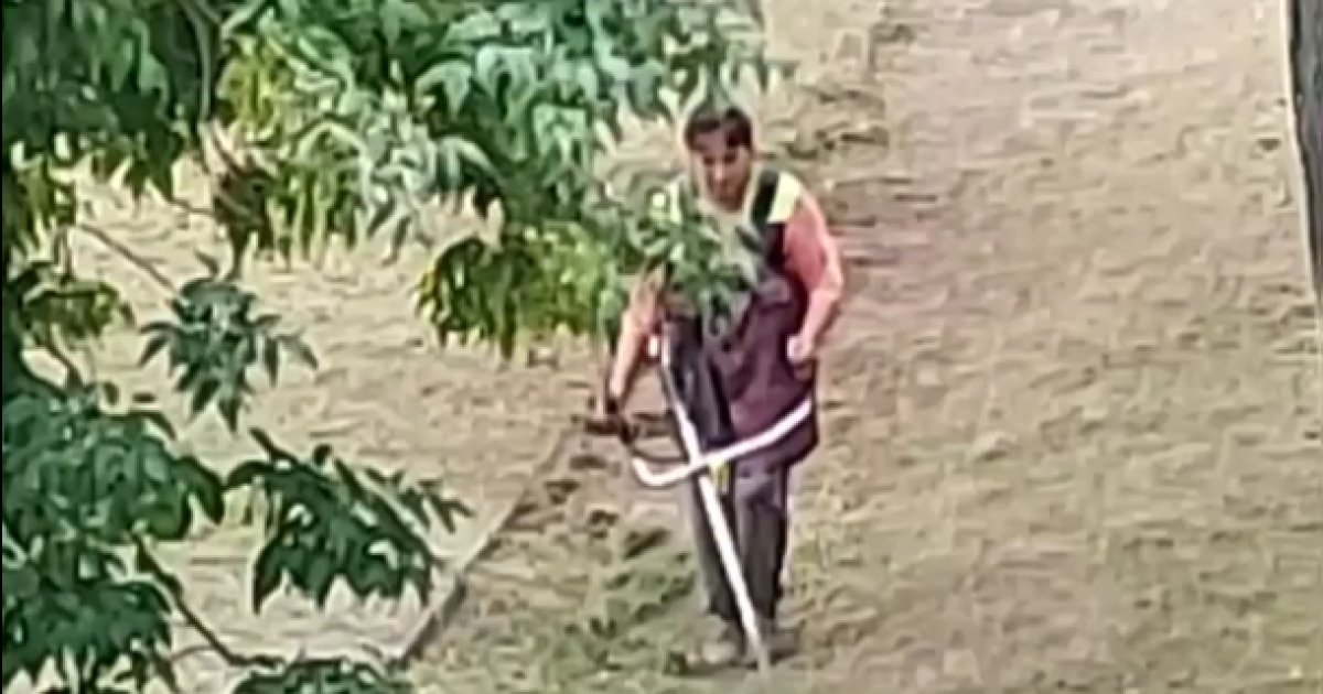 В Киеве коммунальщица стригла землю газонокосилкой: появилось видео
