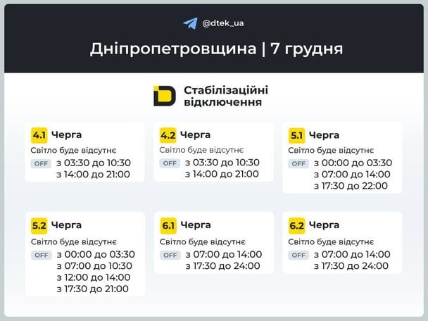 Графік відключення світла на Дніпропетровщині 7 грудня / © ДТЕК