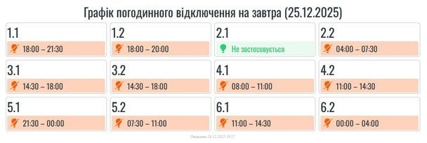 Графік відключення світла на Прикарпатті 25 грудня