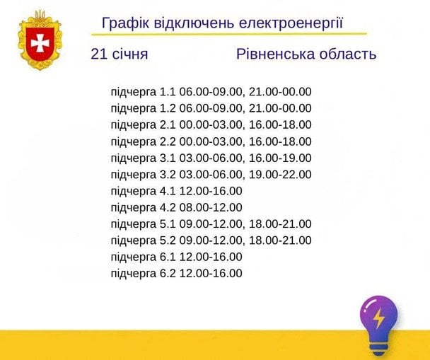 Графік відключення світла на Рівненщині 21 січня