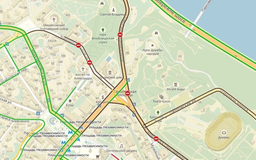 Карта перекрытия улиц в центре Киева 27 июля / © Яндекс карты