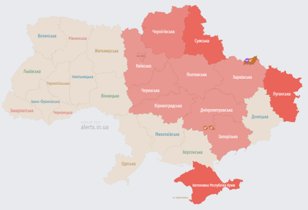 Мапа тривог станом на 19:20 3 січня / © alerts.in.ua
