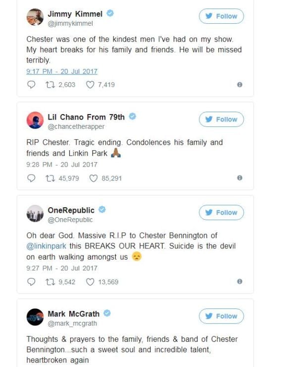 Зірки реагують на смерть Честера Беннінґтона: Джиммі Кіммел, гурт One Republic / © twitter.com