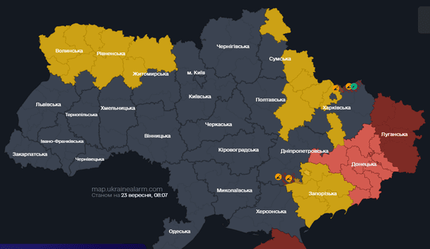 Мапа тривог станом на 08:00 середи, 23 вересня.