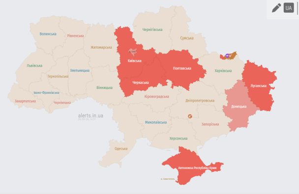 Мапа тривог станом на 14:30 26 серпня / © alerts.in.ua