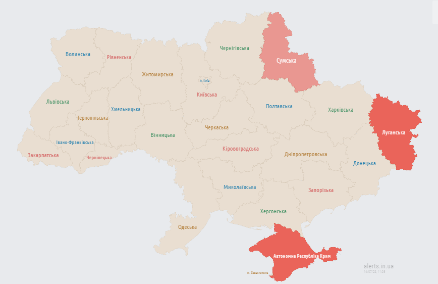 У Сумській області 14 липня оголошено повітряну тривогу. Мапа. / © 