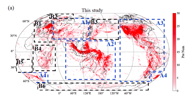 Шість нововиявлених зон (B1–B6). Фото: Guan et al., J. Geophys. Res. Solid Earth, 2026