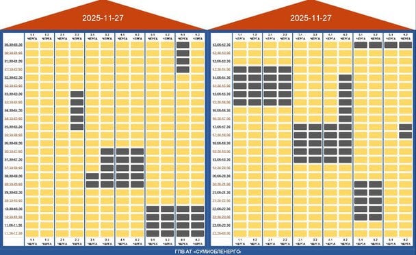 Графік відключення світла на Сумщині 27 листопада: жовті віконця — години, коли є світло, темні віконця — години без електрики