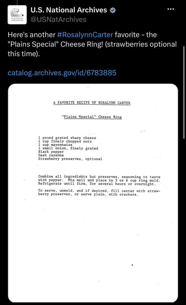 Рецепт творожной закуски Розалин Картер x.com/USNatArchives