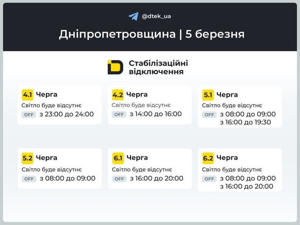 Графік відключення світла на Дніпропетровщині 5 березня / © ДТЕК