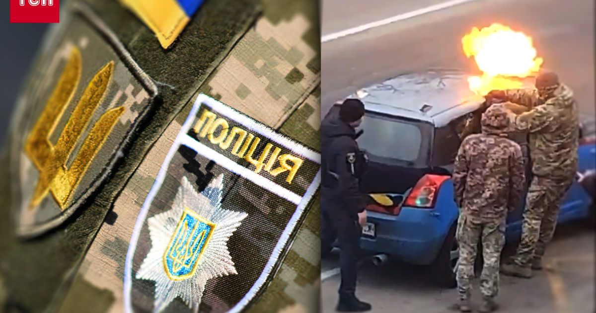Вогонь охопив дах зупиненої  автівки після певних дій людей у військовій формі. Колаж ТСН.ua