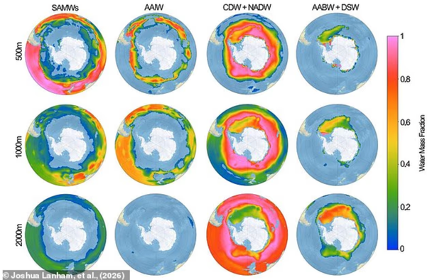 Вчені виміряли рух маси, що отримала назву «приполярної глибинної води» (ПЗВ), і визнали, що за останні 40 років вона стала товщою та відповідала Антарктиці.  / © Daily Mail