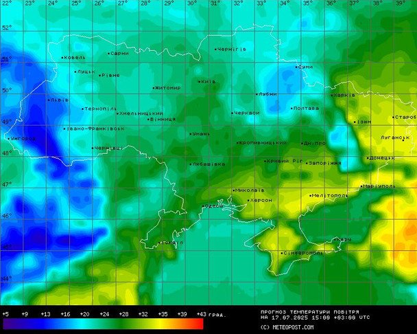 Температурная карта 17 июля / © meteopost.com