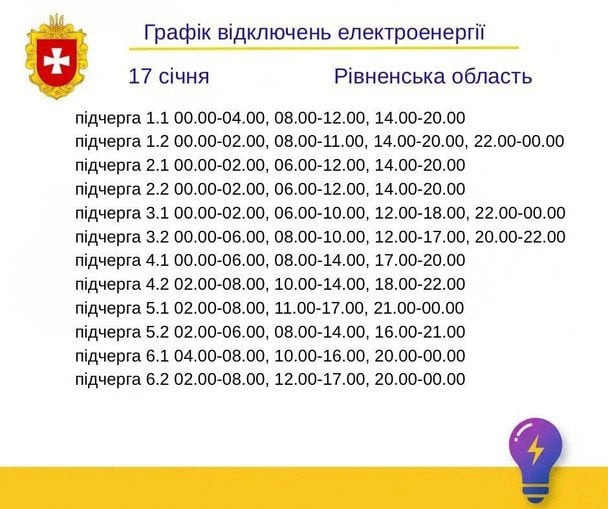 Графік відключення світла на Рівненщині 17 січня
