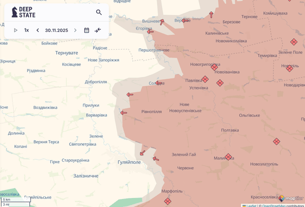 Просування росіян біля Рівнопілля і Гуляйполя / © Deepstatemap