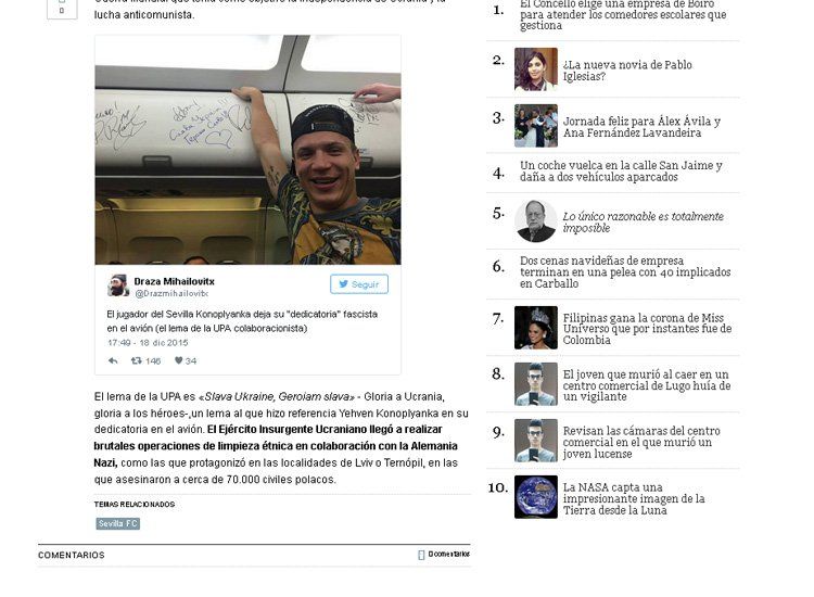 Іспанська газета La Voz de Galicia звинуватила Коноплянку у фашизмі