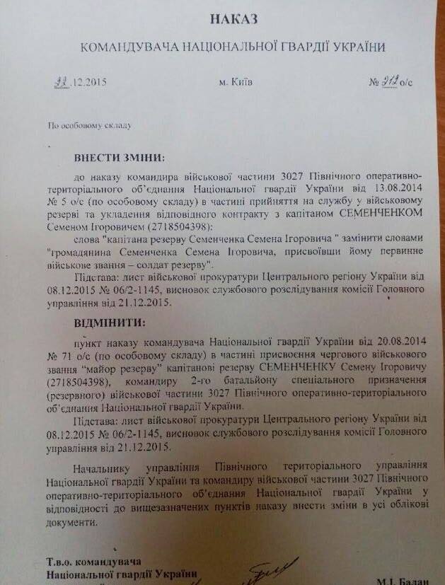 Документ щодо позбавлення Семенченка звання офіцера