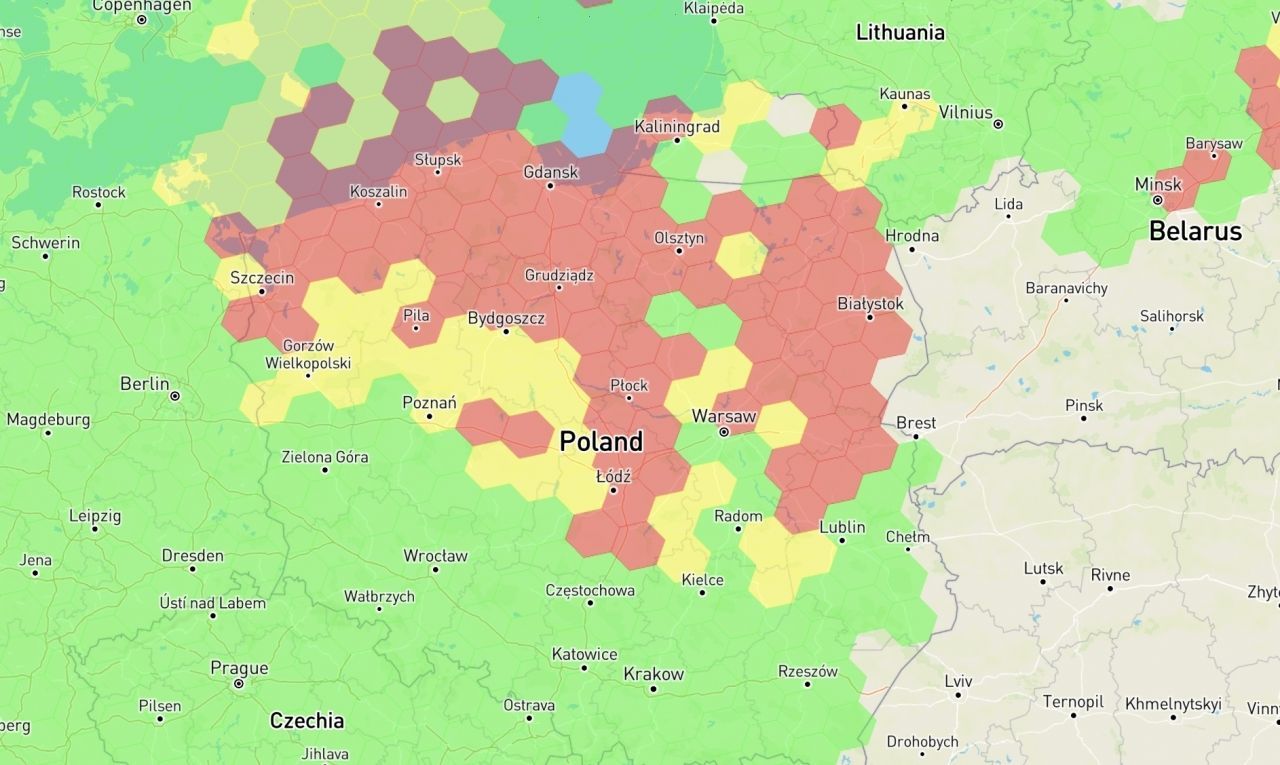 Мапа території Польщі, на якій зник сигнал GPS 17 січня / ©