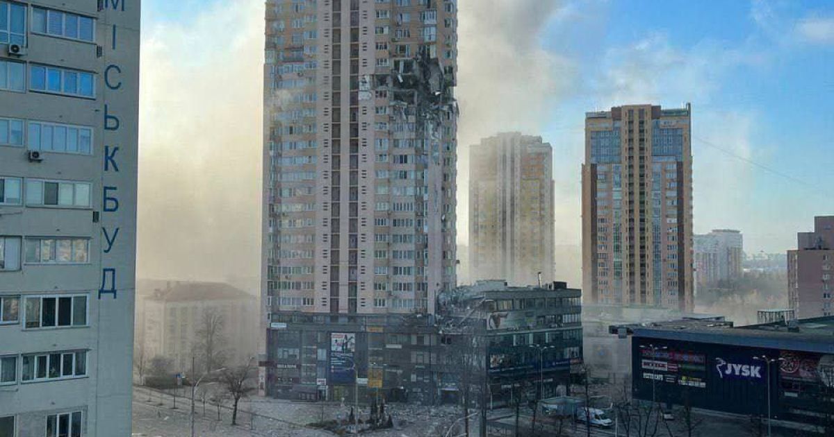 A video of a surveillance camera in one of the broken-down apartments appears to show how the Russian rocket strikes the building