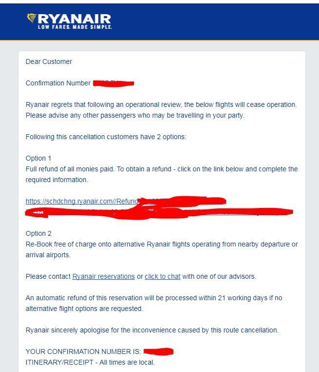 повернення грошей ryanair