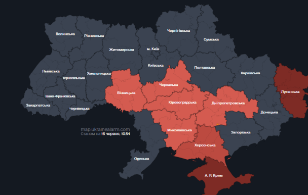 Карта тривог станом на 16 червня.