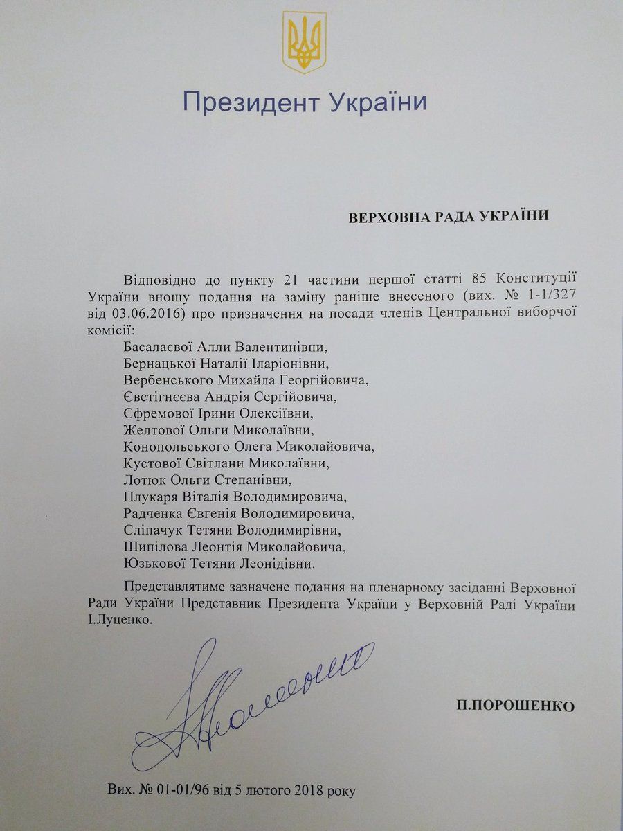 подання Порошенко на призначення нових членів ЦВК